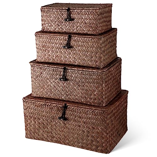 Woanger Set of 4 Wicker Baskets with Lids, Nautral Seagrass Storage Baskets, Woven Rectangular Basket Bins, Rattan Storage Organizer for Shelf Closet Bedroom(Coffee) - color: Coffee
