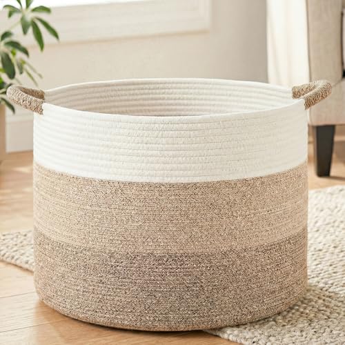 Artfeel 70L Large Cotton Rope Basket, Decorative Woven Blanket Storage for Living Room, Boho Toy Storage & Toy Box for Kids, Versatile Laundry Basket & Nursery Hamper for Blankets(BrownYellow) - color: BrownYellow, size: 70l