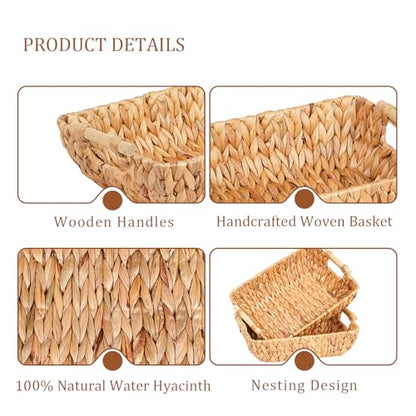 Wicker Storage Baskets with Wooden Handles, Hand-Woven Water Hyacinth Storage Organizers for Throw Blankets, Bedroom, Living Room, Laundry(2 Pack)