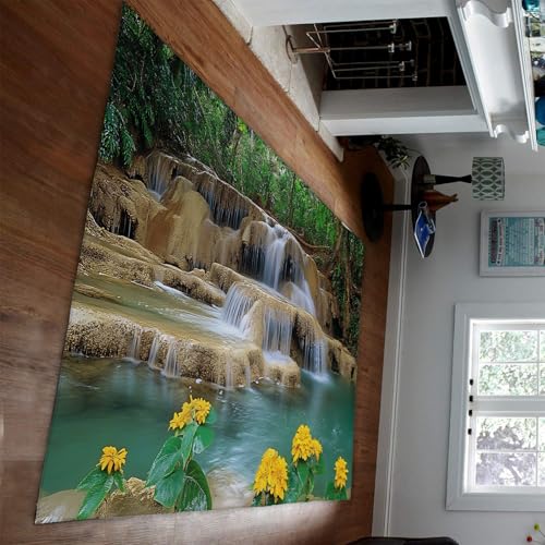 Nature Waterfall Area Rugs Mystical Forest Yellow Flowers Pattern Floor Mat Low Pile Carpet for Relaxation Meditation Spaces 2'7"x5' - color: Colorful-1, size: 2'7"x5'