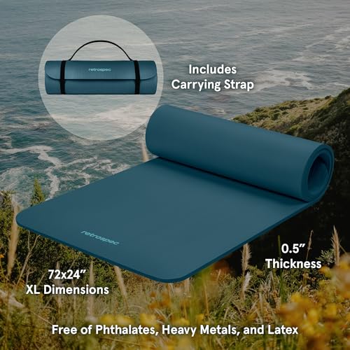 Retrospec Solana Yoga Mat Thick 1/2in Non-Slip Workout Mat with Nylon Strap - 72x24in Exercise Mat for Pilates, Stretching & Fitness - BPA Free, Easy Clean - color: Ocean Blue