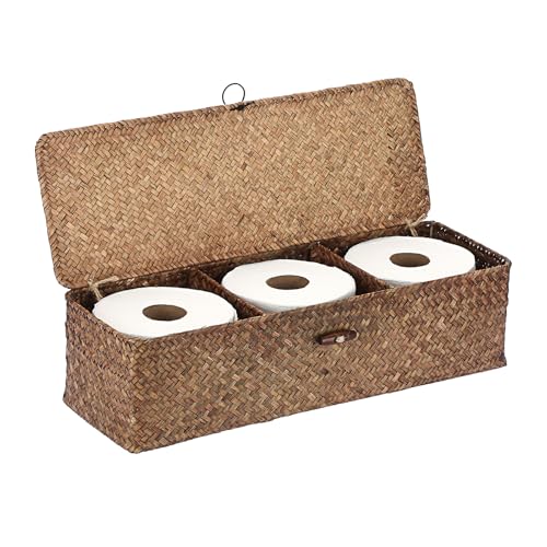 Hipiwe Handwoven Seagrass Storage Basket with Lid Rectangular Toilet Paper Holder 3 Sections Home Organizer Bin for Bathroom Shelf Kitchen - color: Coffee, size: Large