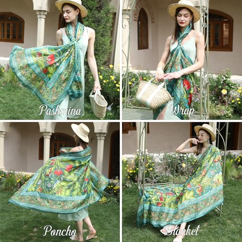 100% Mulberry Extra Large Silk Pashmina Scarf Shawls And Wraps For Women Evening Dress Summer Travel Floral Blanket - color: Emerald Bloom Harmony