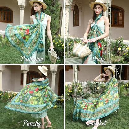 100% Mulberry Extra Large Silk Pashmina Scarf Shawls And Wraps For Women Evening Dress Summer Travel Floral Blanket - color: Emerald Bloom Harmony