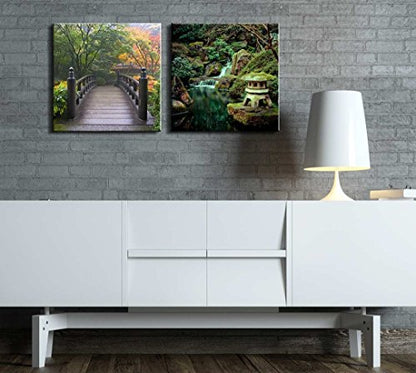 wall26 Two Piece Canvas - Bridge Surrounded by Trees on a Japanese Garden and a Shrine Statue Next to a Waterfall on 2 Panels - Canvas Art Home Art - 12x12 inches - color: Bridge Surrounded by Trees, size: 12" x 12" x 2 panels