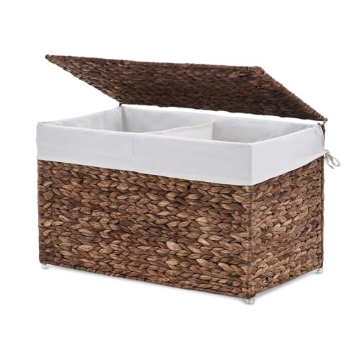 Storage Basket with Lid, Woven Wicker Shelf Basket with Removable Liner, Metal Frame Rattan Storage Trunk with Handle for Laundry, Bedroom, Living Room, Office(Espresso, 95L) - color: Espresso, size: 95L