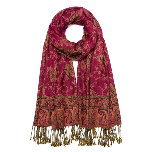 QIUTIMIY Paisley Pashmina Shawl Wrap Women Reversible Vintage Jacquard Pashmina Rave Scarf with Fringe for Evening, Wedding - color: Flower1-bright Pink