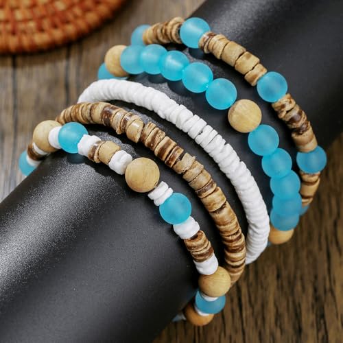 Vintage Multilayer African Turpine Wood Beaded Stretch Bracelets Bohemian Retro Coconut Shell Stackable Elastic Bracelet for Women Men Summer Beach Vacation Holiday Jewelry Gifts - style: StyleC
