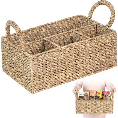 Divided Baskets with Handles, Storage Basket Natural for Organizing Bathroom Kitchen Shelves Office Supplies Organization, Wicker Storage Baskets 4 Section, 4-Compartment Wicker Basket. - color: Dark Brown
