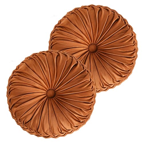 HIG Set of 2 Decorative Round Pleated Throw Pillows, Classy Accent Pumpkin Throw Pillows with Center Button, Vintage Velvet Floor Pillows for Sofa Vanity Chair Bed, Rust, 14.5" Diameter(Ripple) - color: Rust