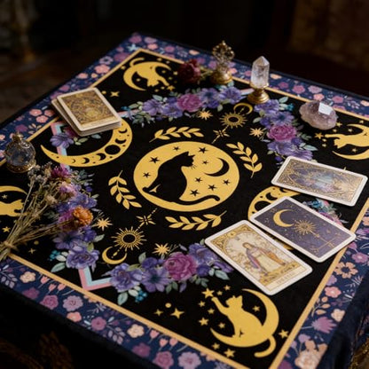 Tarot Altar Cloth Cat and Moon Phases Print Card Table Tablecloth Pueple Flowers Tablecloth with Tarot Bag for Reading Rituals Crystals Spiritual Divination Witchcraft Supplies - color: Cat and Moon Phases