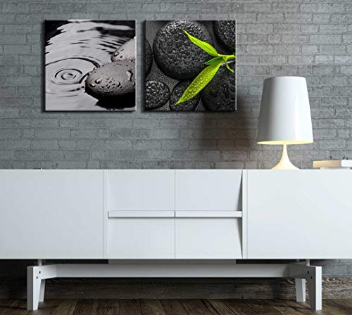 wall26 Two Piece Canvas - Rocks by a Lake with Raindrops and a Plant Over Them on 2 Panels - Canvas Art Home Art - 12x12 inches - color: Raindrops and a Plant, size: 12" x 12" x 2 panels
