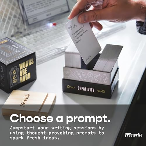 Freewrite Words are Hard Writing Prompt Deck | 150 Creative Writing Prompts for 8 Genres | Gifts for Writers with Inspiring Illustrations | Storytelling Cards with a Custom Wooden Stand