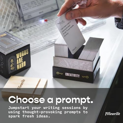 Freewrite Words are Hard Writing Prompt Deck | 150 Creative Writing Prompts for 8 Genres | Gifts for Writers with Inspiring Illustrations | Storytelling Cards with a Custom Wooden Stand