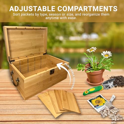 Bamboo Garden Seed Storage Organizer Box, Wooden Seed Box with Removable Dividers, Metal Handle and Latch, Seed Keeper Organizer for Garden Seed Packets and Storage (10.59 x 7 x 5.12 in)
