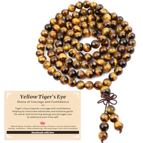 AD Beads 6mm 8mm 108 Prayer Mala Jasper Elastic Bracelet - Handmade Yoga Meditation Healing Power Energy Gifts for Unisex Adult. - color: Yellow Tiger's Eye(Courage)