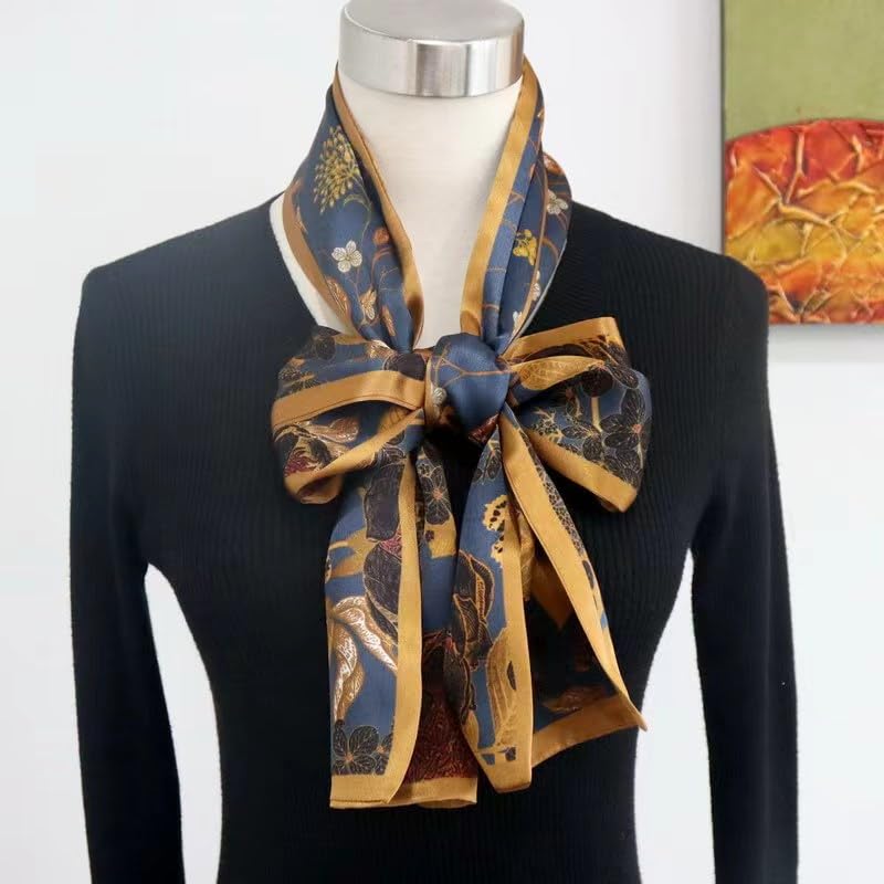 ANDANTINO 100% Silk Scarf for Women 59”*6.3” Long Shawls for Headscarf and Neck- Oblong Hair Wraps with Gift Packed - color: Navy-flower&birds