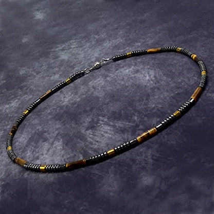 Healing Stress Anxiety Meditation Grounding Energy Gemstone Necklace Series - color: Tiger Eye & Hematite -4 mm- Stone Tube Beads