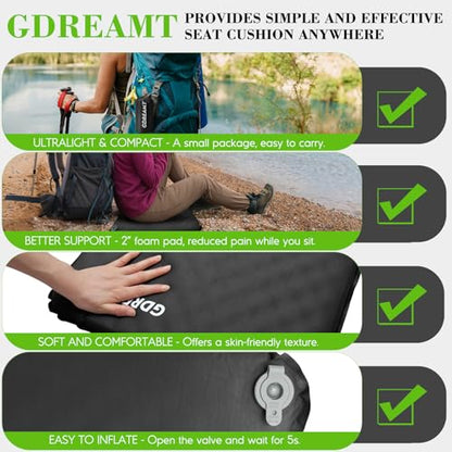 Inflatable Seat Cushion, Self-Inflating Memory Foam Stadium Seats Cushion Portable Camping Air-Foam Sitting Pad for Travel Airplane Car Bleachers Backpacking Office, Lightweight & Compact - color: Black