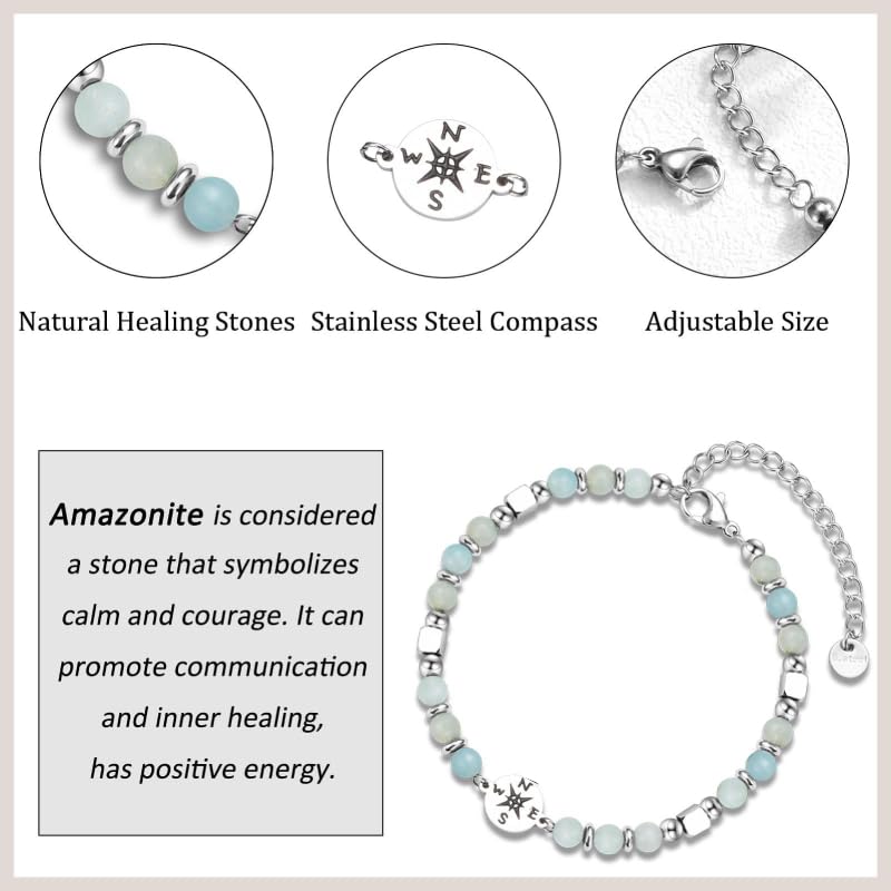 Healing Beads Bracelets for Women Men, Adjustable Natural Stone Beaded Bracelet Stackable Chain Stretch Jewelry Gifts - color: Compass- Light Green
