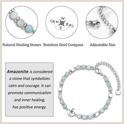 Healing Beads Bracelets for Women Men, Adjustable Natural Stone Beaded Bracelet Stackable Chain Stretch Jewelry Gifts - color: Compass- Light Green