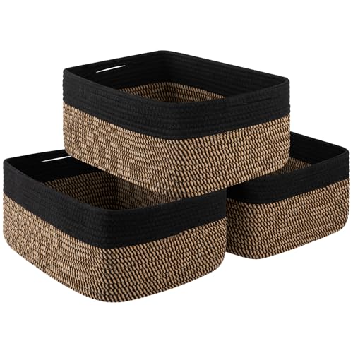 Storage Baskets for Organizing 3 Pack, Woven Baskets for Shelves, Closet Organizer Bins Empty Gift Basket Toy Storage for Toys, Books, Towels, Clothes, 15"x11.42"x6.7", Black & Yellow - color: Black & Yellow