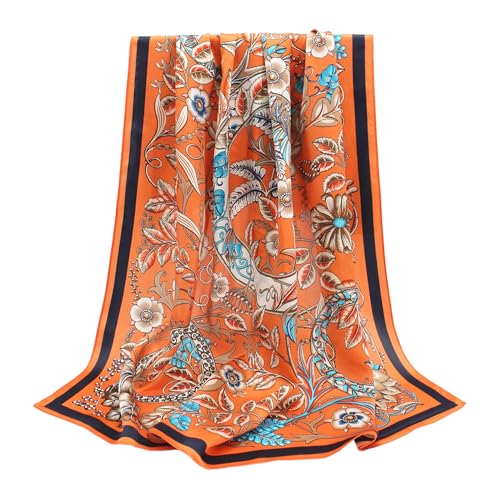 100% Pure Mulberry Silk Scarf 35" Large Square Lightweight Headscarf –Women’s Hair Wraps-With Gift Packed - color: Floral-orange