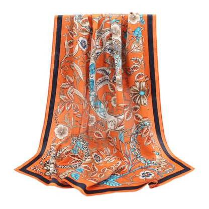 100% Pure Mulberry Silk Scarf 35" Large Square Lightweight Headscarf –Women’s Hair Wraps-With Gift Packed - color: Floral-orange