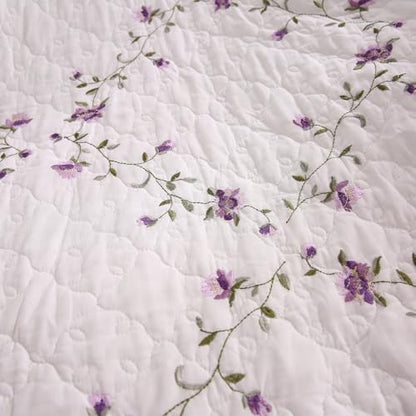 vctops 100% Cotton Quilted Throw Blanket 50x60 Inch Floral Embroidered Reversible Patchwork All Season Throw (Purple,50"x60") - color: Purple