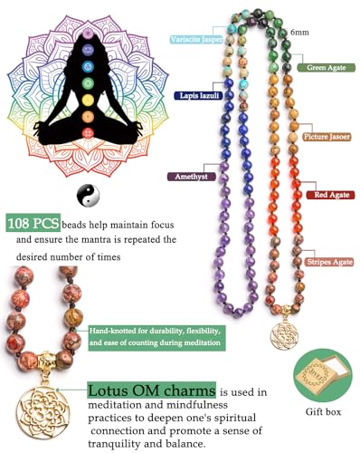 Bivei 7 Chakra 108 Mala Beads Bracelet Real Gemstone Yoga Meditation Hand Knotted Mala Prayer Bead Necklace - size: 6mm, style: Round Lotus OM - 7 Chakras