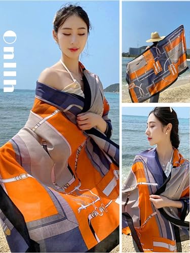 Large Shawl Scarf For Women Lightweight Wraps Silky Headscarf Long Sunscreen Scarfs - color: T27 Orange Chain / 70"x 35"