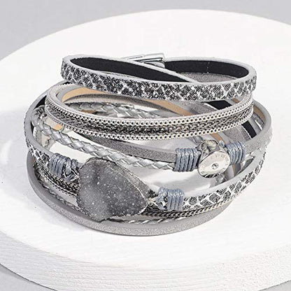 Artilady Leather Wrap Bracelets for Women - Pearl Bracelets Handmade Clasp Bangle Bracelet with Beads Jewelry Gift for Women and Mother - style: Grey with druzy