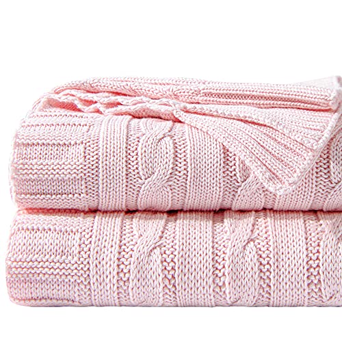NTBAY 100% Pure Cotton Cable Knit Throw Blanket, Super Soft Warm 51x67 Knitted Throw Blanket for Couch, Sofa, Chair, Bed - Extra Cozy, Machine Washable, Comfortable Home Decor, Baby Pink - color: Baby Pink, size: Throw(51"x67")