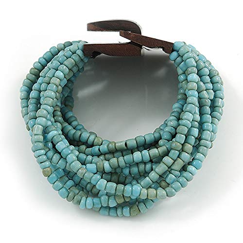 Avalaya Dusty Light Blue Glass Bead Multistrand Flex Bracelet With Wooden Closure - 19cm L