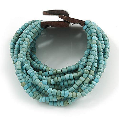 Avalaya Dusty Light Blue Glass Bead Multistrand Flex Bracelet With Wooden Closure - 19cm L