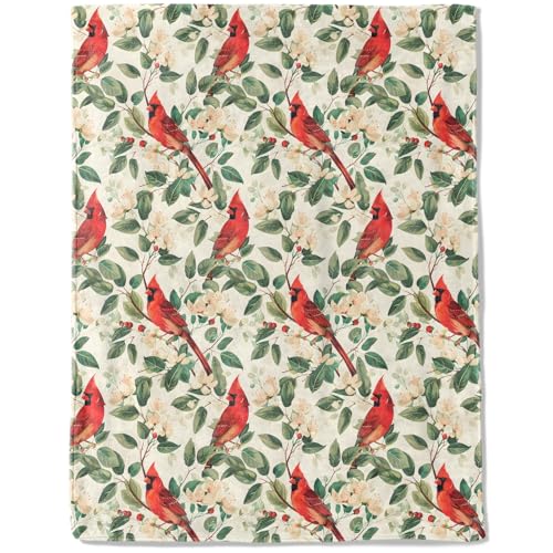 Elegant Cardinal Floral Fleece Blanket,Red Bird with Flower Leaf Blankets,Soft and Warm Decorative Throws for Cabin,Office,Sofa,Lightweight Throw Gifts for Teens Women Nature Lovers 40”x50” - color: Cardinal, size: 40x50 inch