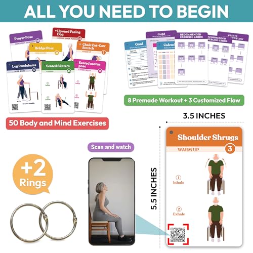 Chair Yoga for Seniors Over 60 Book and Chart, 30 Poses with Video Guide, Spiral Bound, Large Print, 30-Day Laminated Chart, Seated Exercises for Weight Loss, Flexibility - color: Chair yoga Card