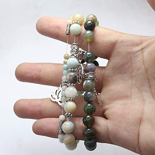 Tree of Life Yoga Healing Stone Bracelets,Multilayer Lotus Chakra Stone Reiki Bracelet Sets,Anxiety Crystal Natural Stone,for Women Stress Relief - style: Amazon Stone + Indian Agate