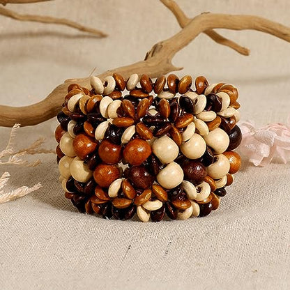 COLORFUL BLING Handmade Natural Wooden Beads Cuff Bracelet Woven Chunky Geometric Bangle for Women Summer Beach Boho Jewelry - color: mix flat