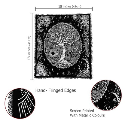 Indian Consigners Tree of Life Altar Cloth Tapestry Tablecloth Celtic Trees Ritual Spiritual Cloth for Sacred Places, Cotton Square Tarot Table Cover 18 by 18 Sacred - color: Silver Celestical Dry Tree, size: 18" x 18" (Square)