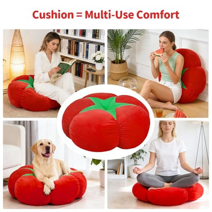 Extra Large Tomato Floor Cushion Pillow – Plush Floor Cushion for Sitting & Activities, for Reading, Gaming, Meditation & Home Decor – Cute Round Plush Chair Cushion.60cm/23.6Inch - style: Tomato