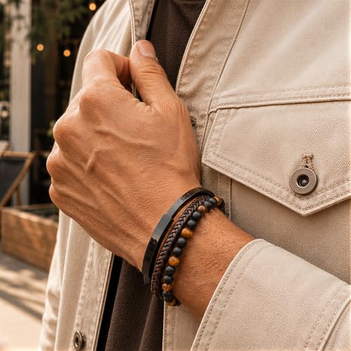 Premium Men’s Bracelet | Leather Bracelet for Men | Beaded Bracelets Black Onyx & Tiger-Eye Beads | Brown Leather Jewelry with Adjustable Stainless-Steel Clasp | Gift Dad Husband Son Boyfriend - color: Brown/Black