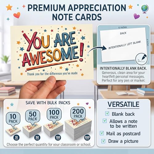 Healthy Surplus You Are Awesome Cards - 4x6 Postcards Pack (50 Greeting Notes) - Show Appreciation for Employees, Teachers, Customers, Volunteer, Students - Affirmations