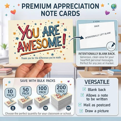 Healthy Surplus You Are Awesome Cards - 4x6 Postcards Pack (50 Greeting Notes) - Show Appreciation for Employees, Teachers, Customers, Volunteer, Students - Affirmations