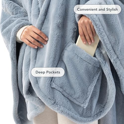 Berkshire Faux Fur Wearable Blanket, Cozy Reversible Loftmink Fleece Shawl with Hood & Side Pockets - color: Polar Blue