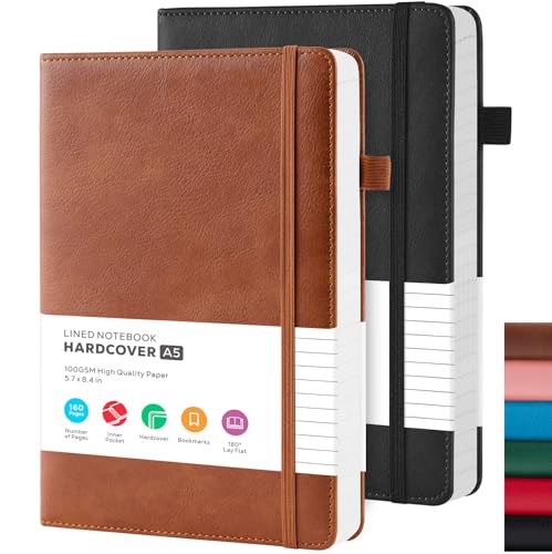 Lined Journal Notebook, A5 (5.7'' x 8.4"), 2 Pack Journaling Notebooks for Women Men Writing Work, Leather Hardcover, 160 Pages per Note Book, 100GSM Thick Paper, School Office Supplies, Black & Brown - color: Black_Brow