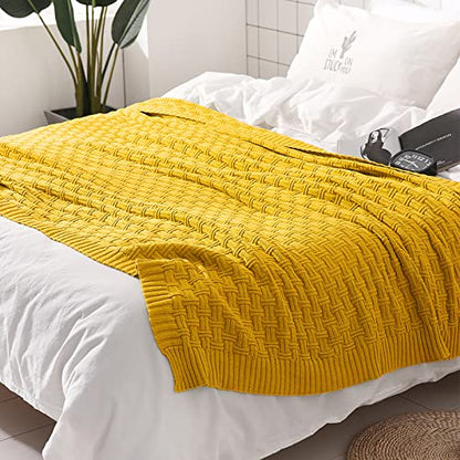 TREELY 100% Cotton Knitted Throw Blanket Couch Cover Blanket(50 x 60 Inches, Gold Yellow) - color: Gold Yellow, size: Throw (50 in x 60 in)