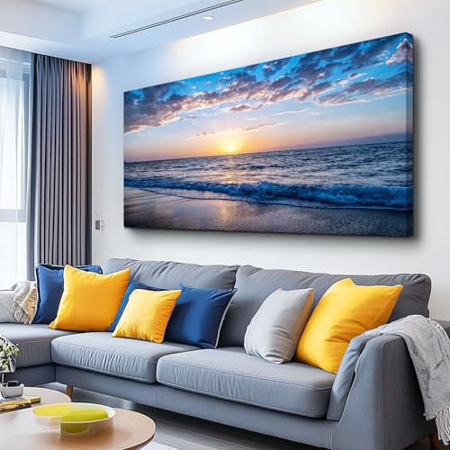 hyidecorart Wall Art Moon Sea blue Ocean Landscape Paintings Bedroom Canvas Art Print wall art for living room Paintings for Wall Decor and Home Decor (20 x 40inch x 1pcs) - color: Blue, size: 40"L x 20"W