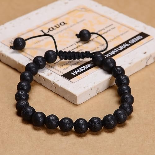 MASSIVE BEADS Handmade Yoga Natural Stone Crystal Healing Power Energy Gifts for Unisex Adult Bracelet Macrame Adjustable - color: Black Lava(Calm), size: 8mm