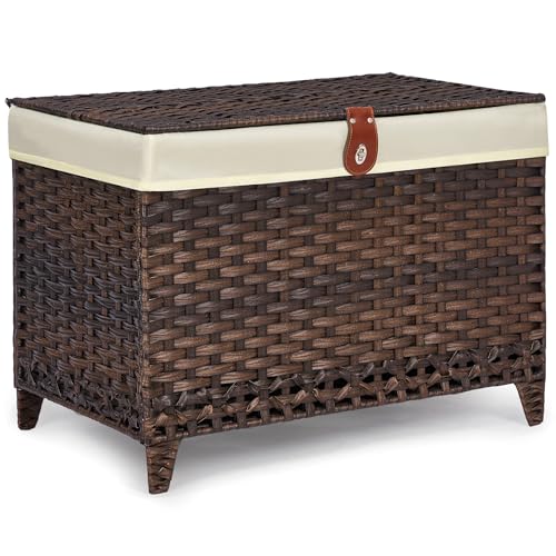 Honjourai Wicker Storage Basket with Lid,Rattan Shelf Basket with Removable Liner Bag,160L Storage Bin,Storage Trunk with Heightened Feet,Storage Container for Wardrobe,Home Organizer - color: Brown, size: 160L